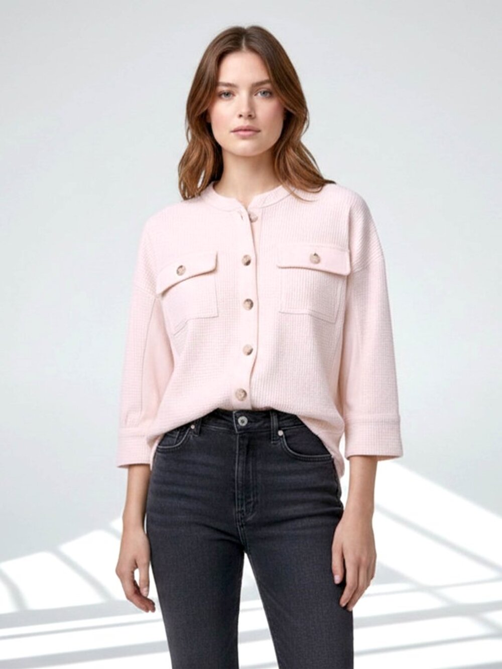 SAUKOLE Womens Ivory Waffle Knit Button Front Shacket Blouse 3/4 Sleeve NWT